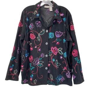 Koret Sz L Black Button Down Colorful Embroidered Long Sleeve Blouse Art to Wear